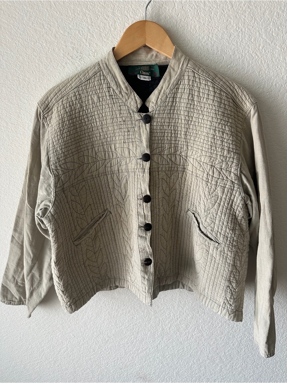 Orvis Womens XL Tan Beige Quilted Embroidered Button Front Jacket Lightweight